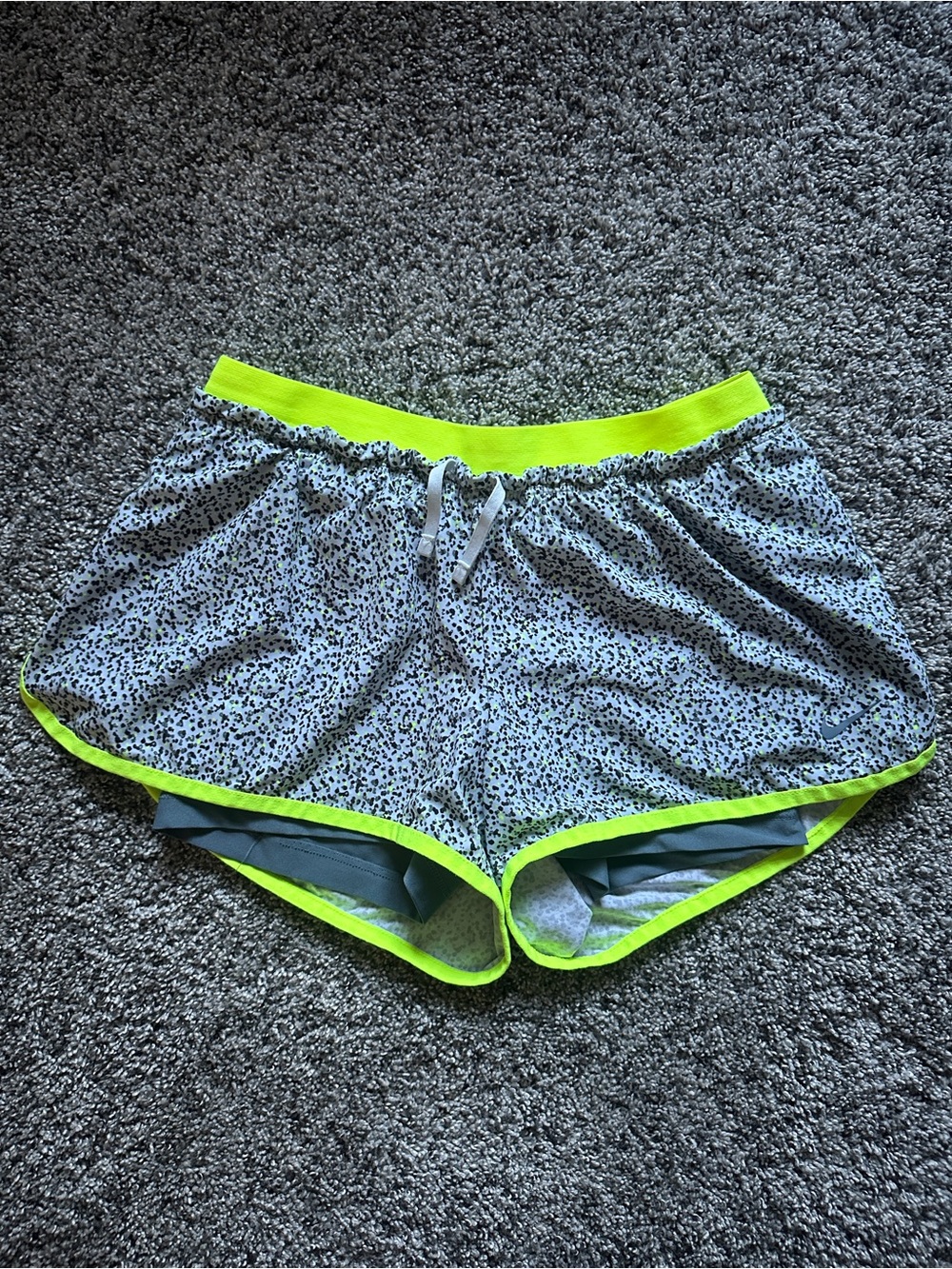 Nike Women's Gray Speckle Running Shorts with Neon Yellow Trim